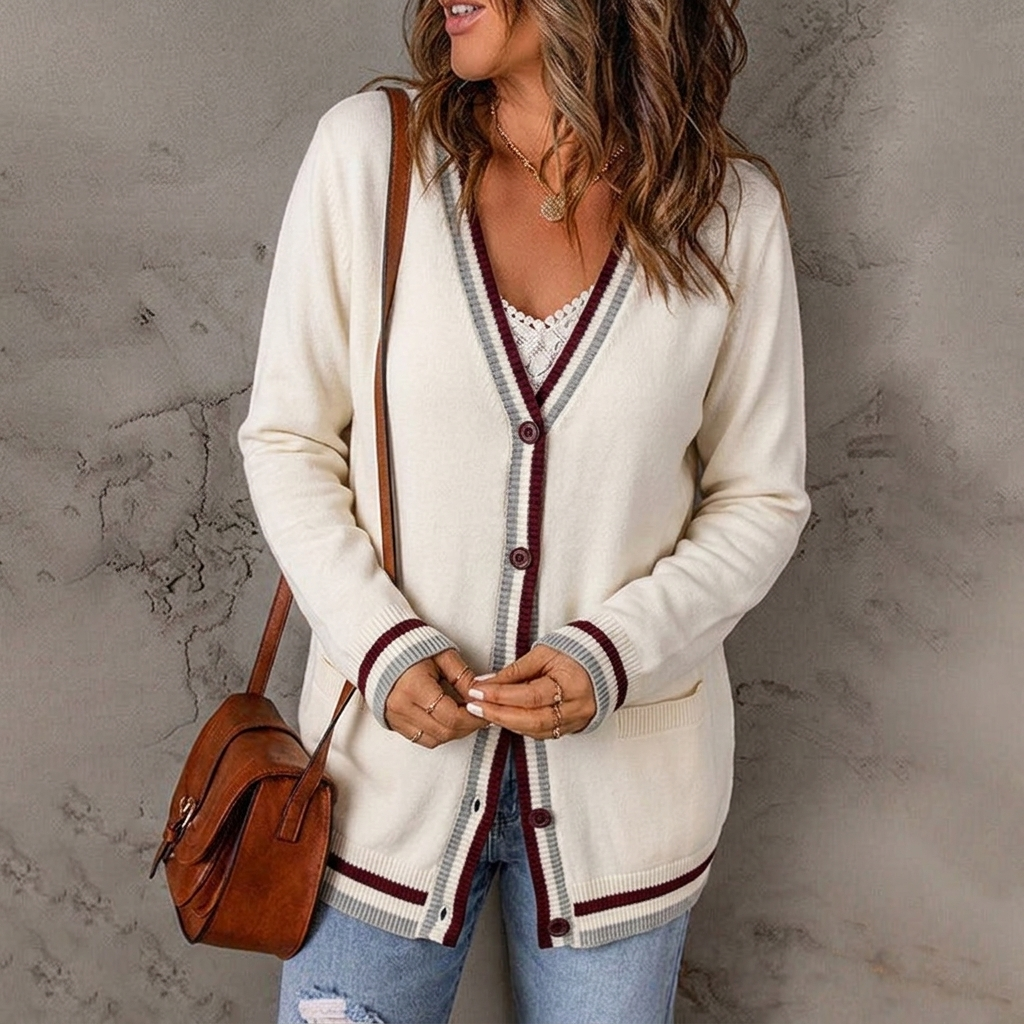 Brielle | Striped Trim Knit Cardigan