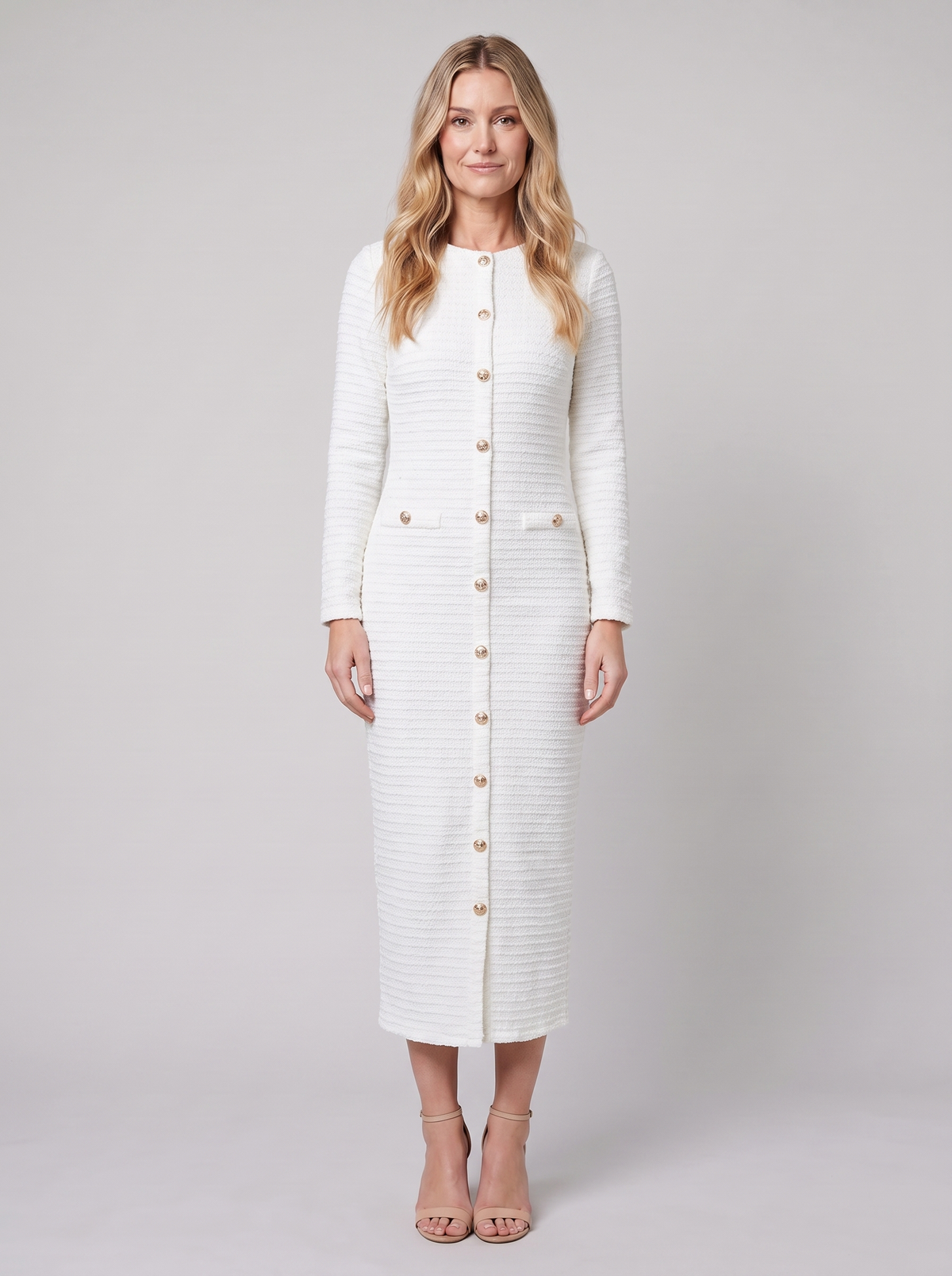 Women's Gold-Button Tweed Long-Sleeve Midi Dress