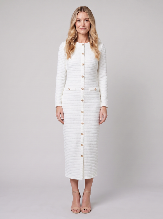 Women's Gold-Button Tweed Long-Sleeve Midi Dress