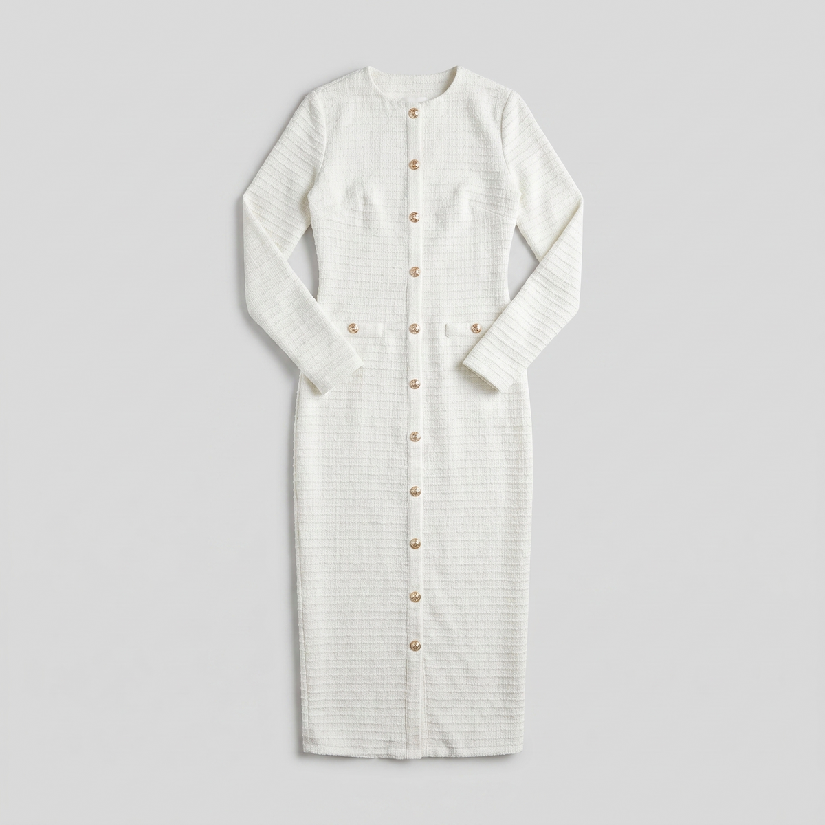 Women's Gold-Button Tweed Long-Sleeve Midi Dress