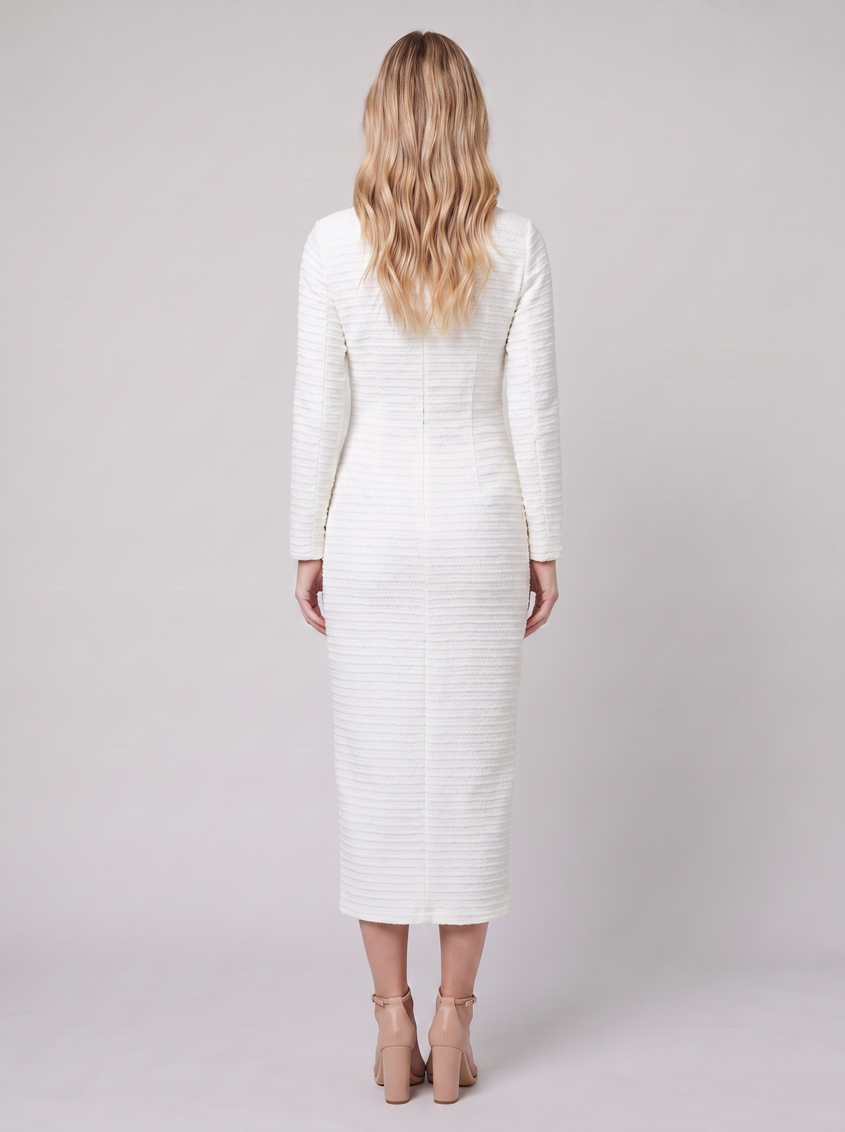 Women's Gold-Button Tweed Long-Sleeve Midi Dress
