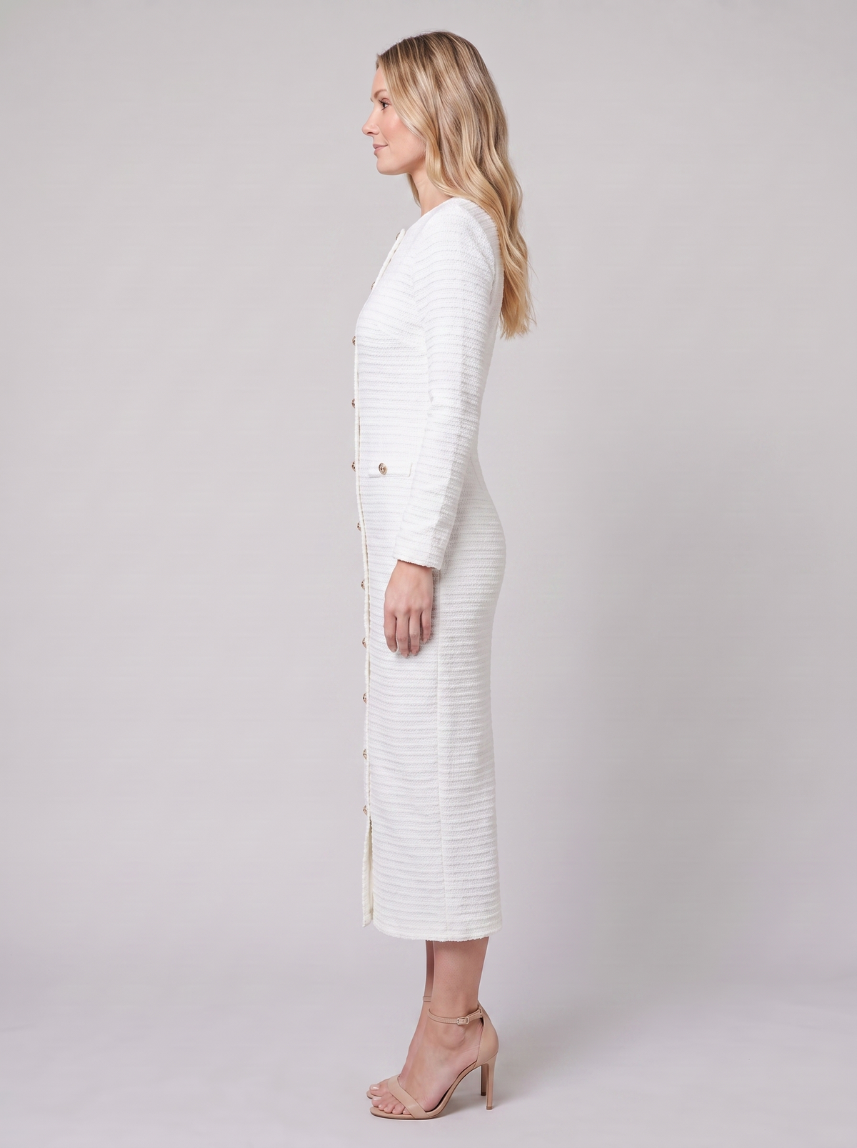 Women's Gold-Button Tweed Long-Sleeve Midi Dress