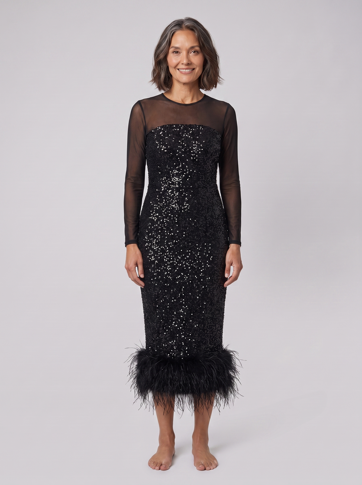 Women's Sequin Feather-Trim Christmas Party Midi Dress