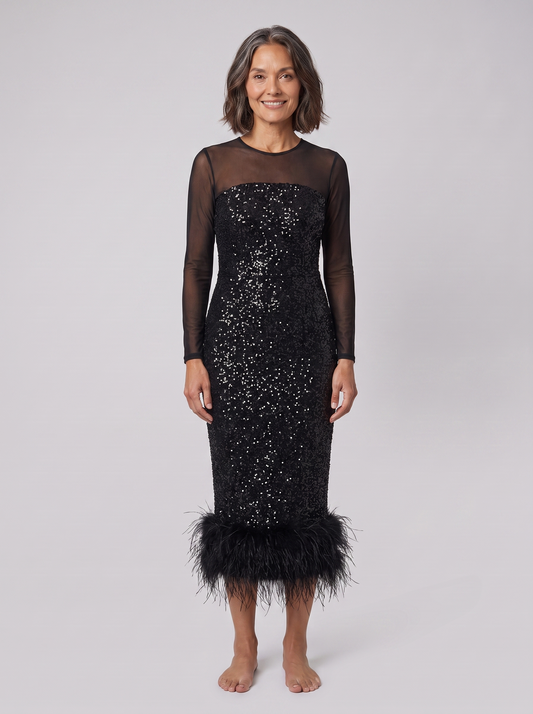 Women's Sequin Feather-Trim Christmas Party Midi Dress