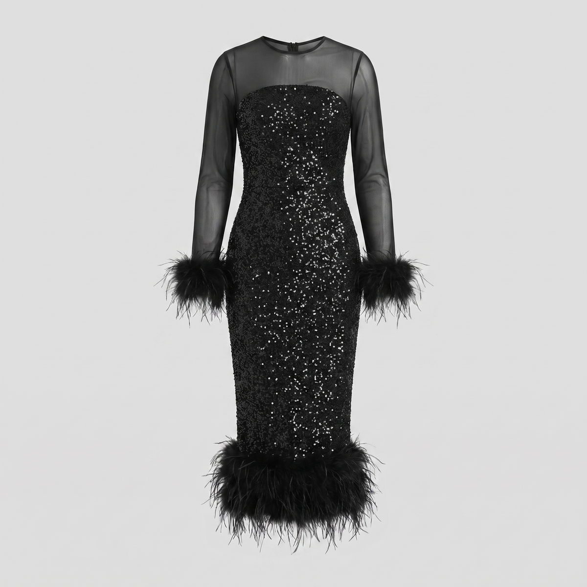 Women's Sequin Feather-Trim Christmas Party Midi Dress