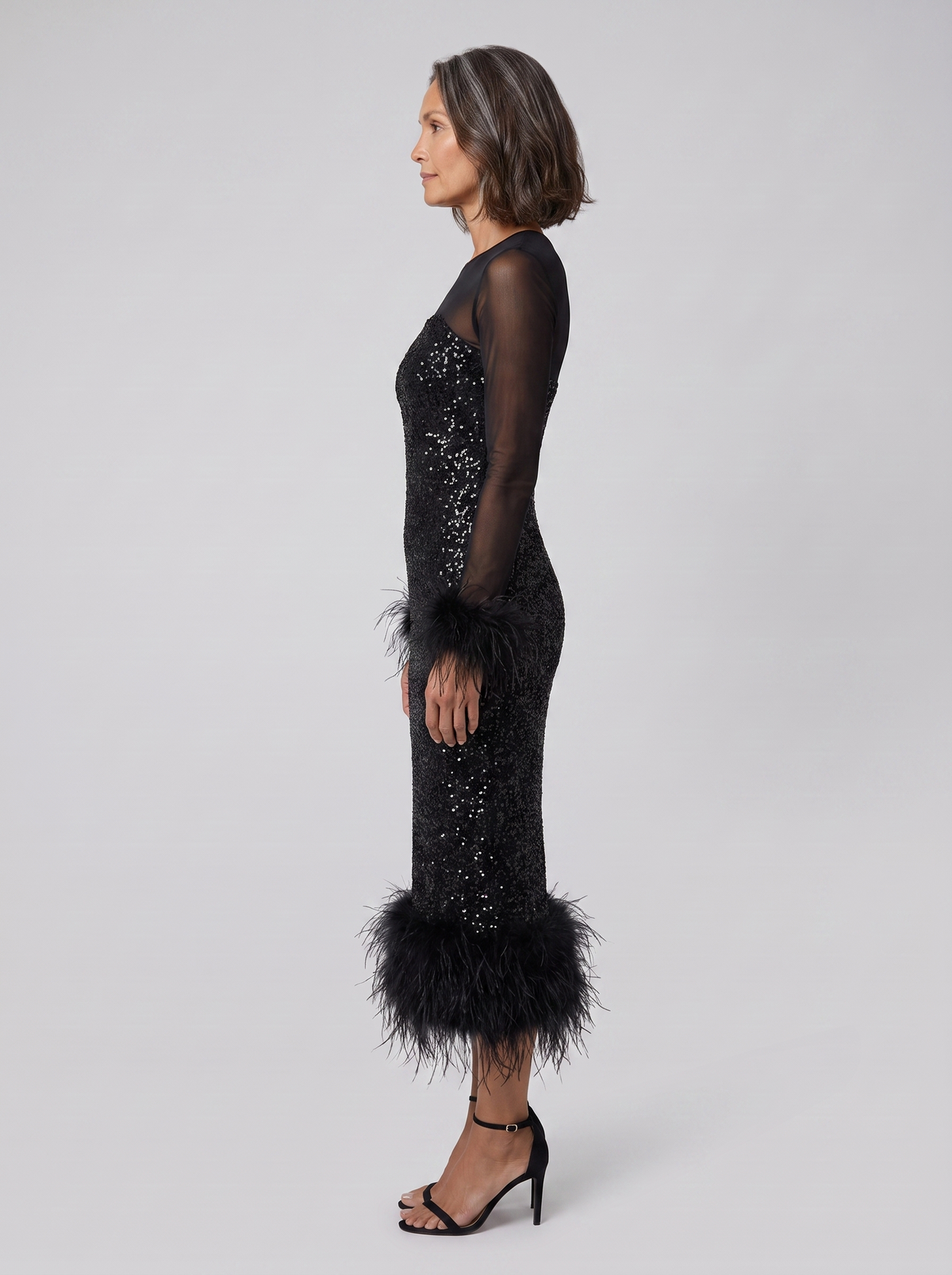 Women's Sequin Feather-Trim Christmas Party Midi Dress