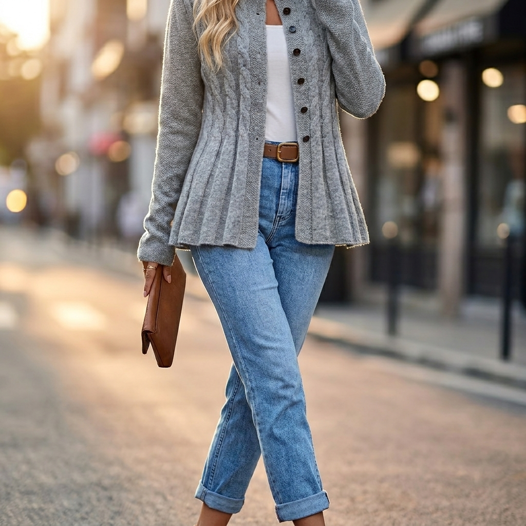 Penelope | Women's Cable-Knit Fitted Peplum Button Cardigan