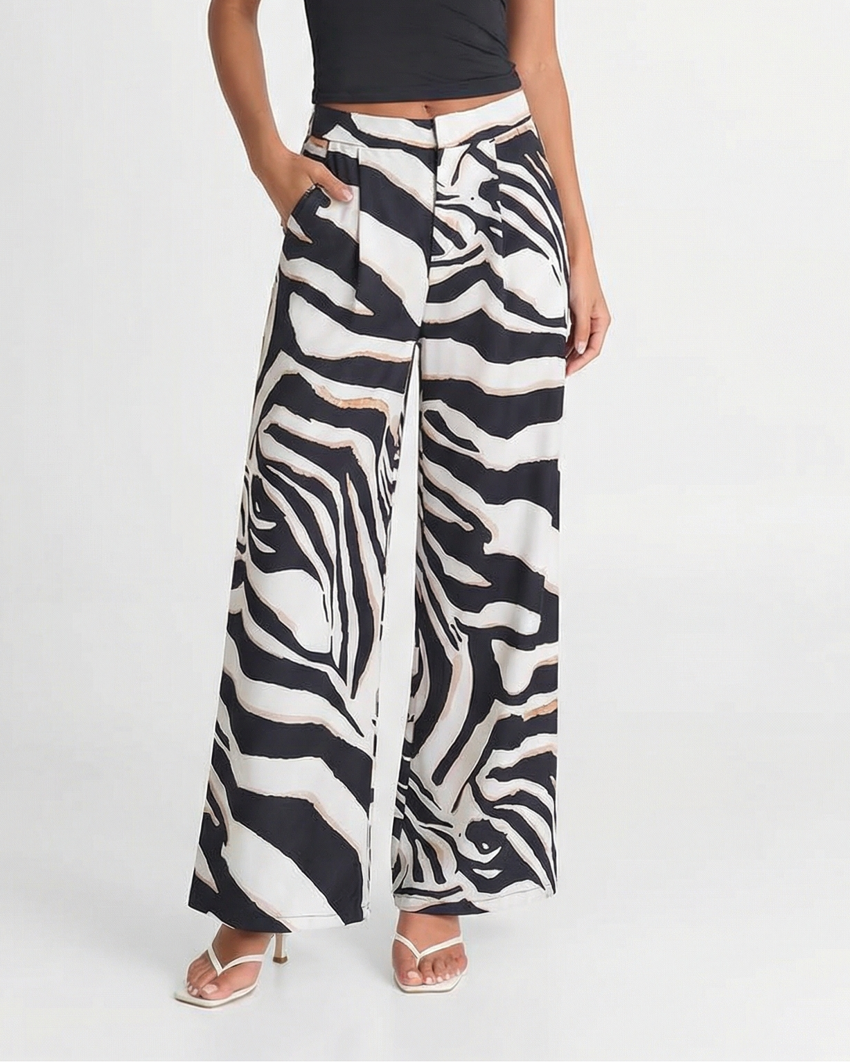Valessia | Women's Satin Zebra Print Wide Leg Trousers