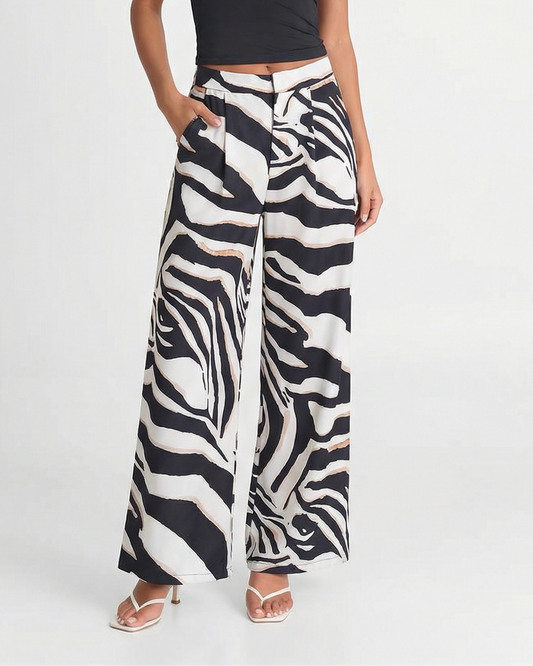 Valessia | Women's Satin Zebra Print Wide Leg Trousers