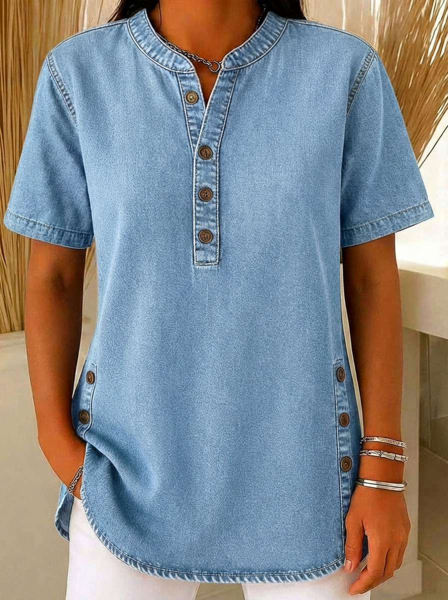 Marlowe | Button Front Short Sleeve Henley Blouse
