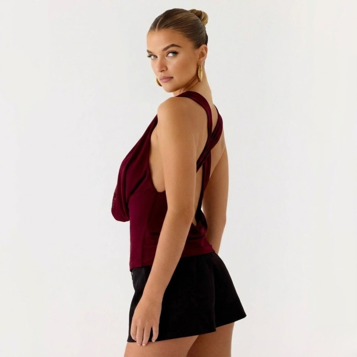 Bella | Women’s Elegant Backless Top with Draped Cowl Neck