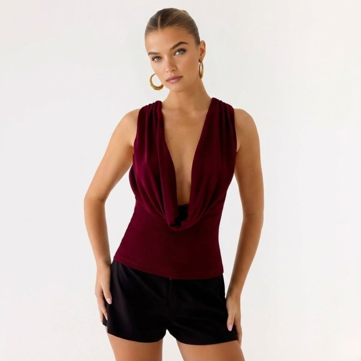 Bella | Women’s Elegant Backless Top with Draped Cowl Neck