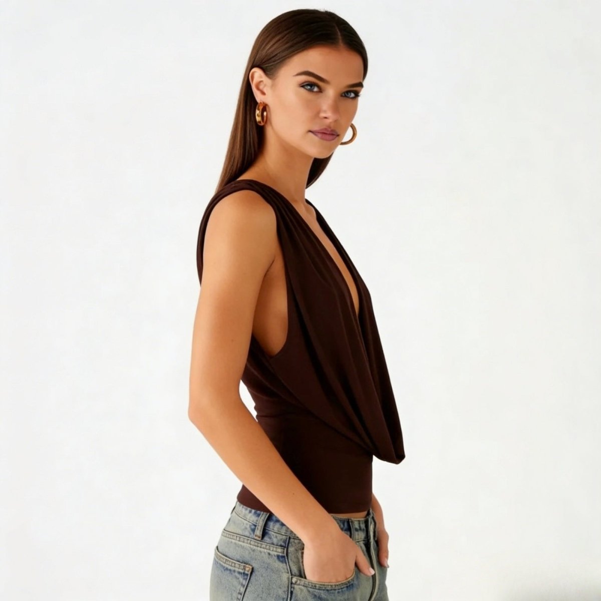 Bella | Women’s Elegant Backless Top with Draped Cowl Neck