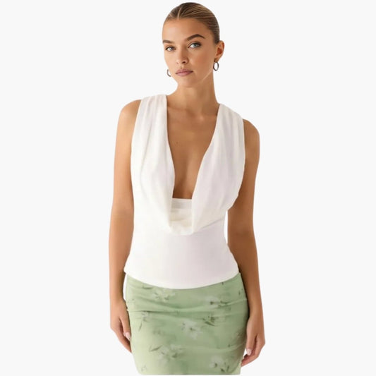 Bella | Women’s Elegant Backless Top with Draped Cowl Neck