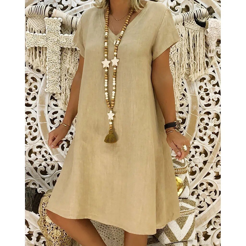Mariselle | Linen Blend V-Neck Mini Summer Dress