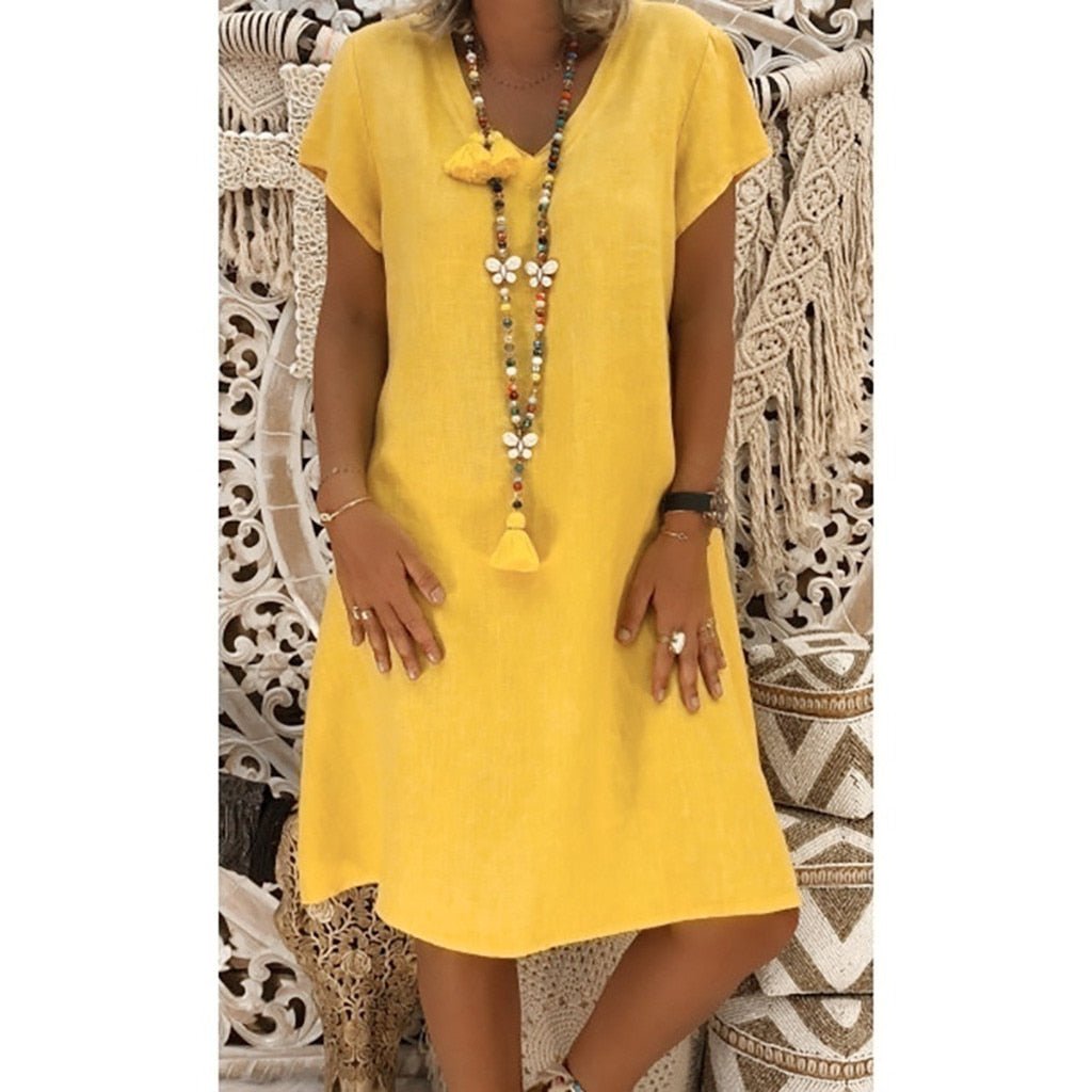 Mariselle | Linen Blend V-Neck Mini Summer Dress