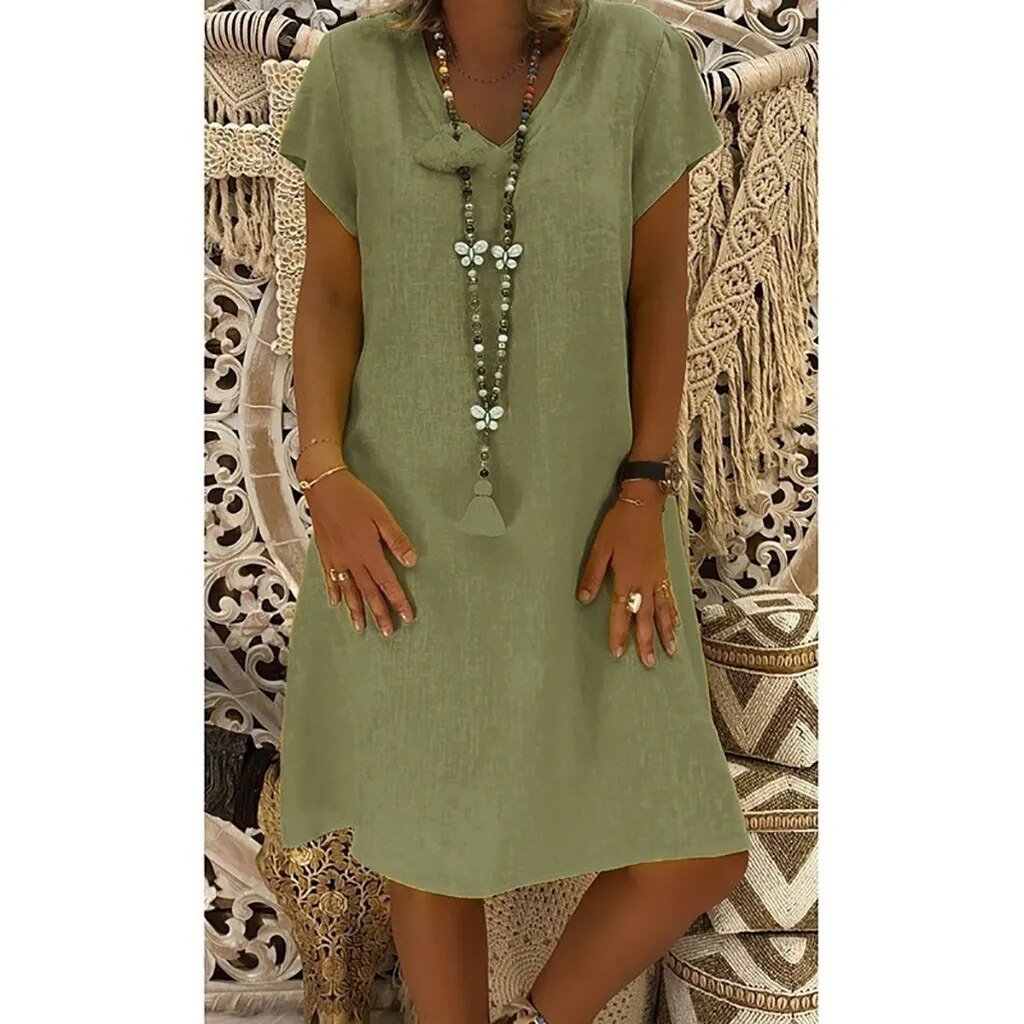 Mariselle | Linen Blend V-Neck Mini Summer Dress