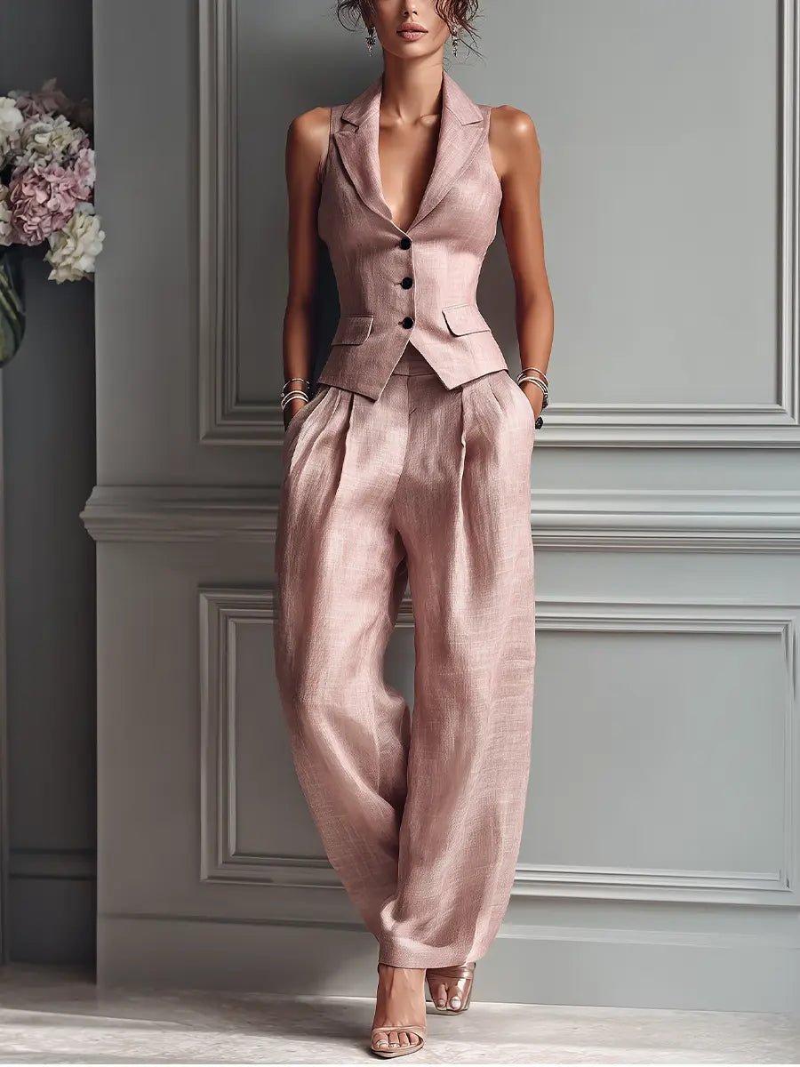 Évoria | Women's Linen Blend Vest & Wide Leg Trouser Set