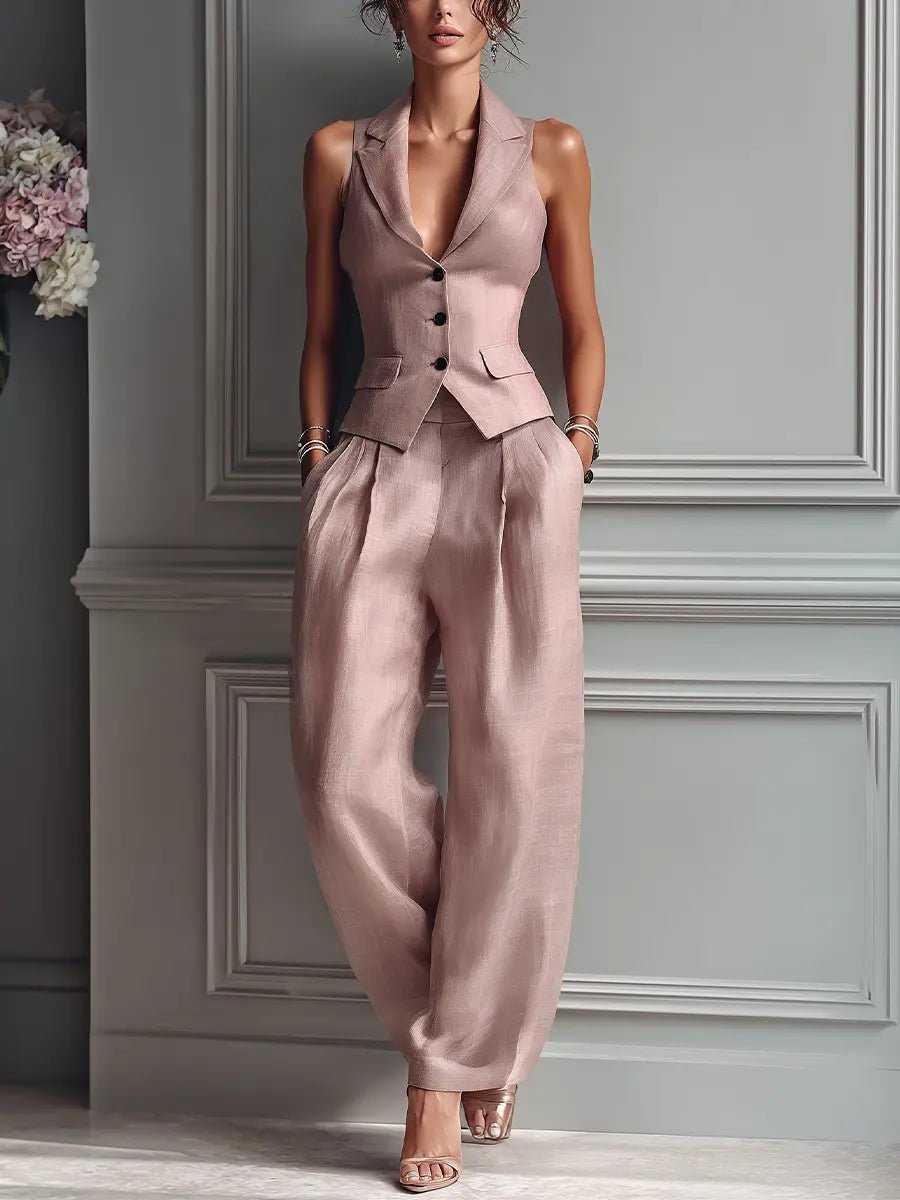 Évoria | Women's Linen Blend Vest & Wide Leg Trouser Set