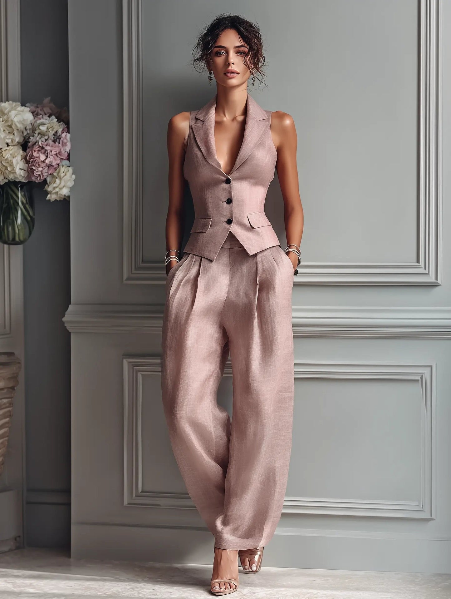 Évoria | Women's Linen Blend Vest & Wide Leg Trouser Set