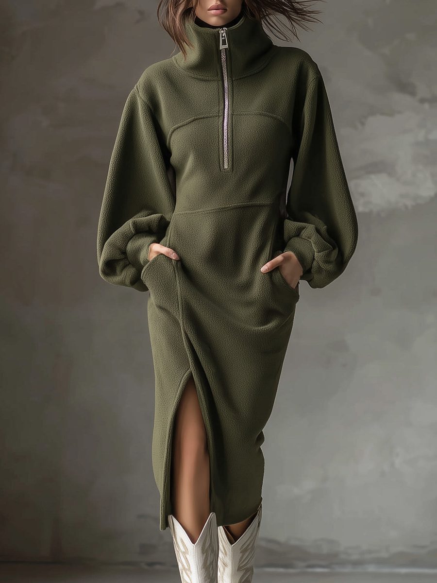 Minka | Women's Fleece Half-Zip Midi Dress with Lantern Sleeves