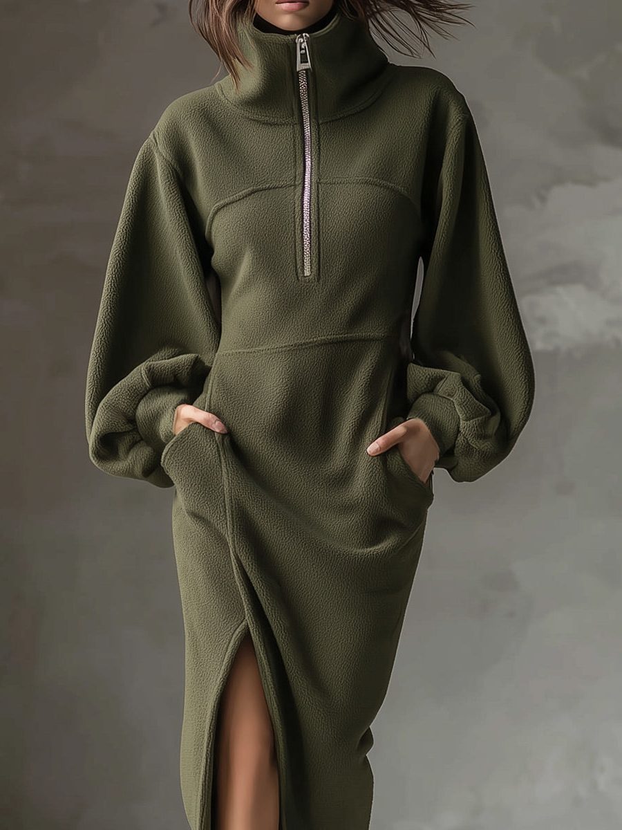 Minka | Women's Fleece Half-Zip Midi Dress with Lantern Sleeves