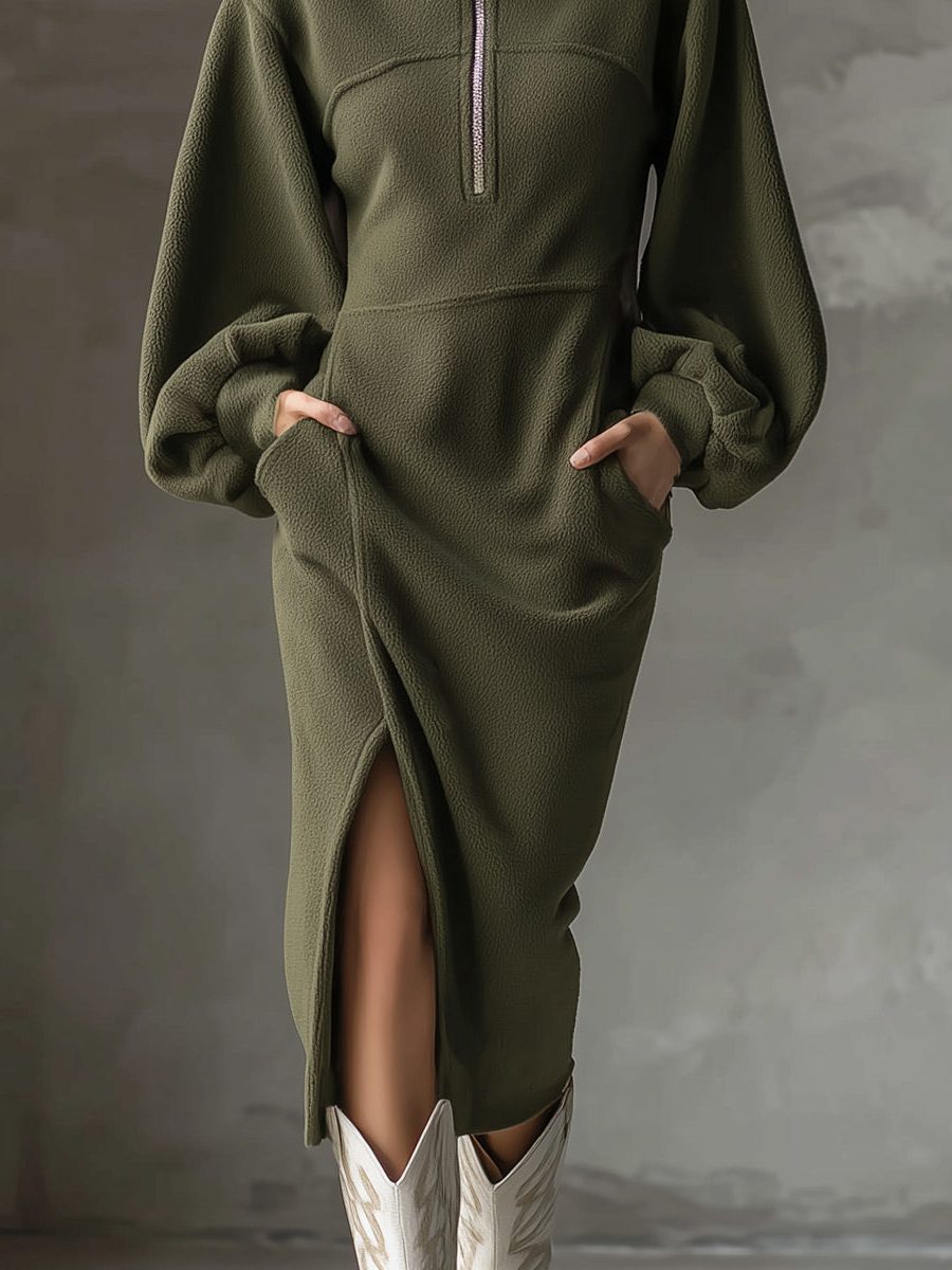 Minka | Women's Fleece Half-Zip Midi Dress with Lantern Sleeves