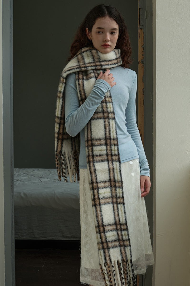 Agnes | Women's Long Plaid Wool Scarf with Fringe – Off White