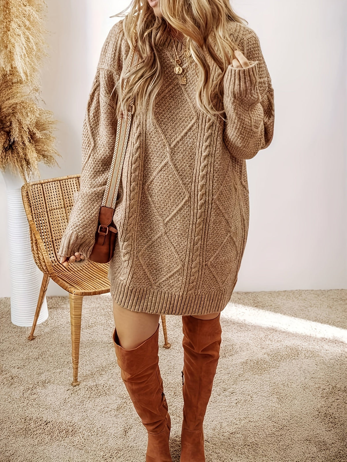 Women's Oversized Cable Knit Mini Jumper Dress | Winter