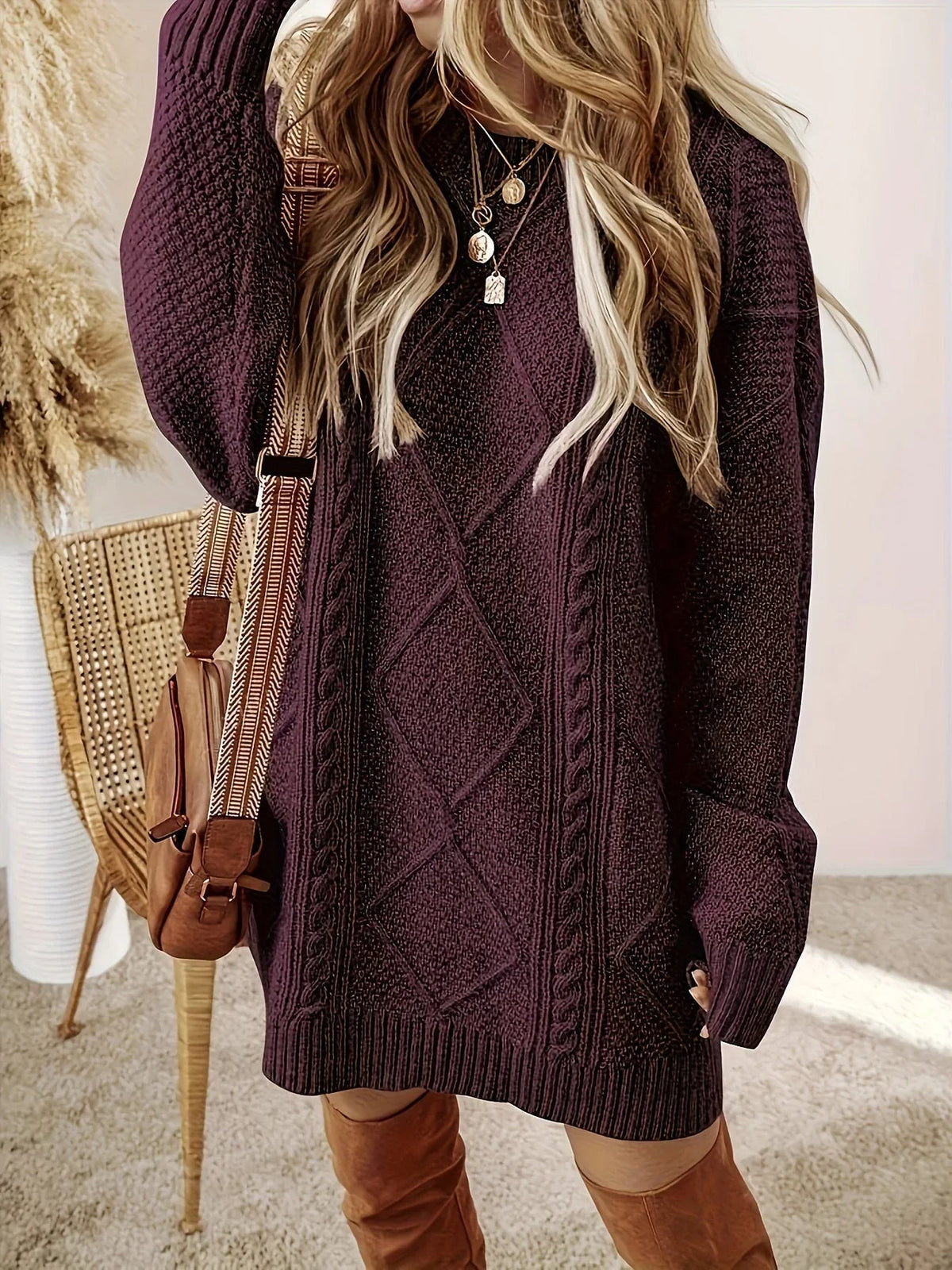 Women's Oversized Cable Knit Mini Jumper Dress | Winter