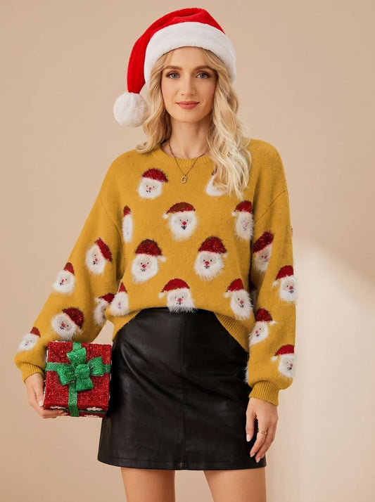 Alma | Women's Oversized Santa Pattern Christmas Jumper with Balloon Sleeves