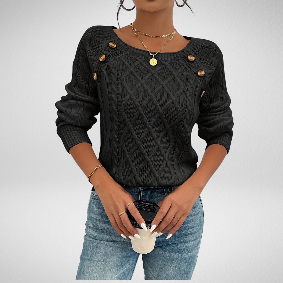 Women's Cable Knit Button Shoulder Crew Neck Jumper