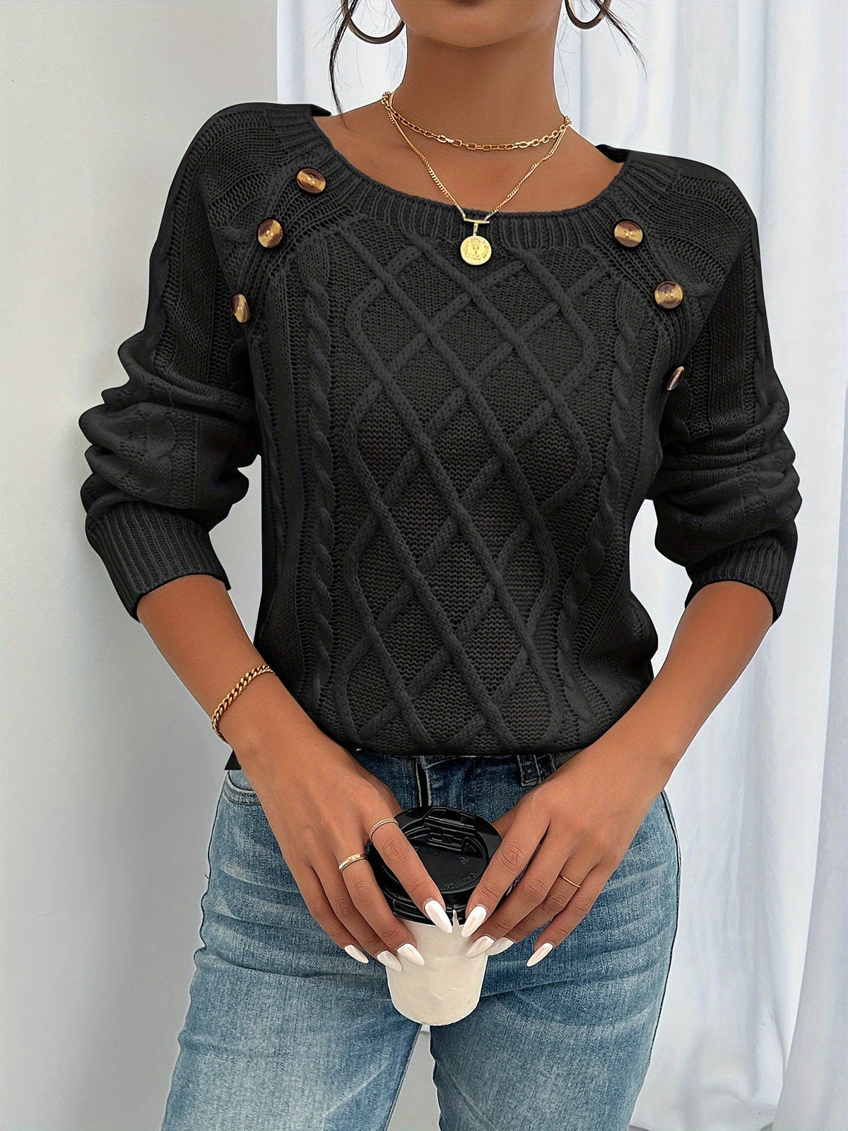 Women's Cable Knit Button Shoulder Crew Neck Jumper