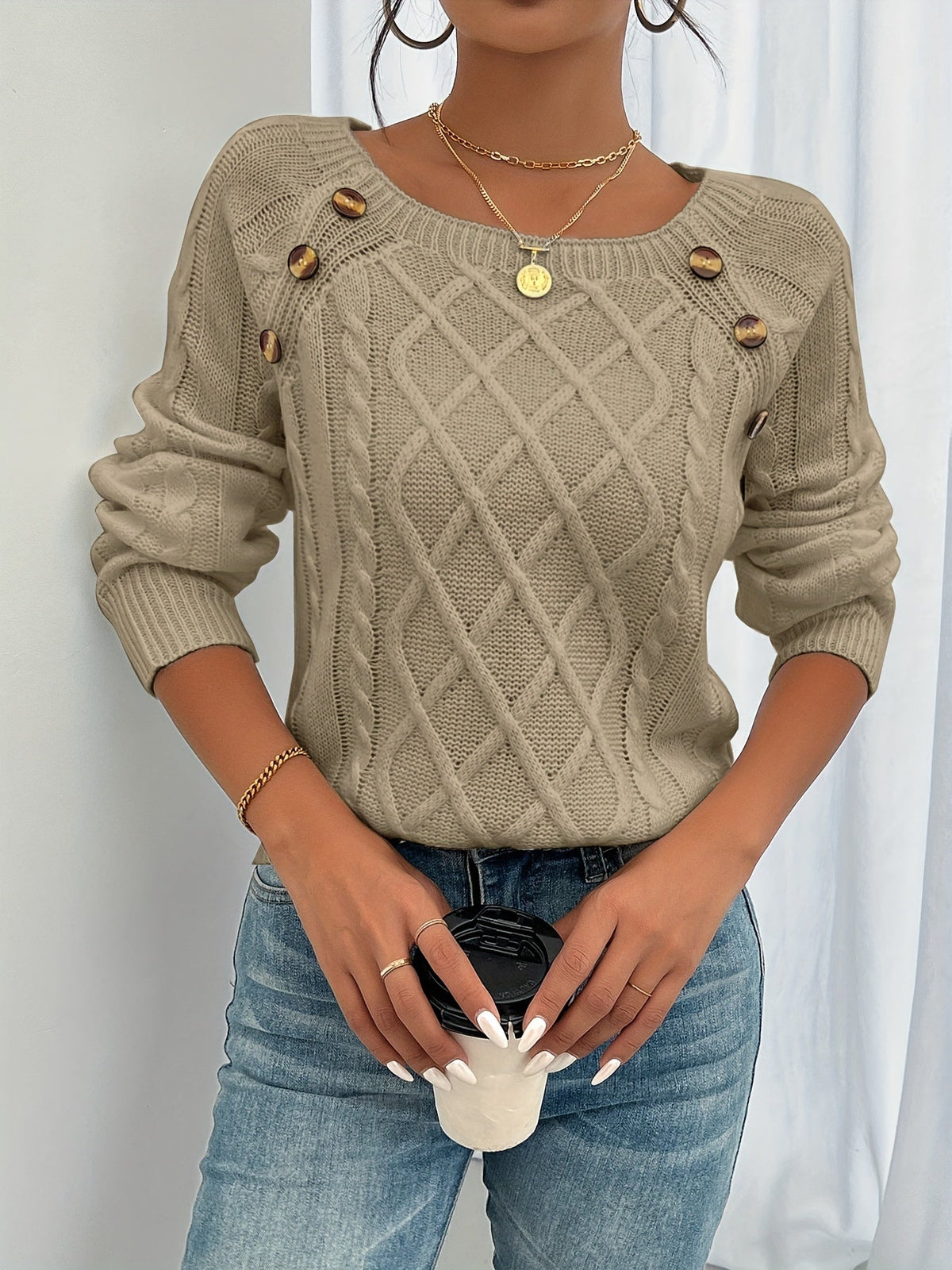 Women's Cable Knit Button Shoulder Crew Neck Jumper