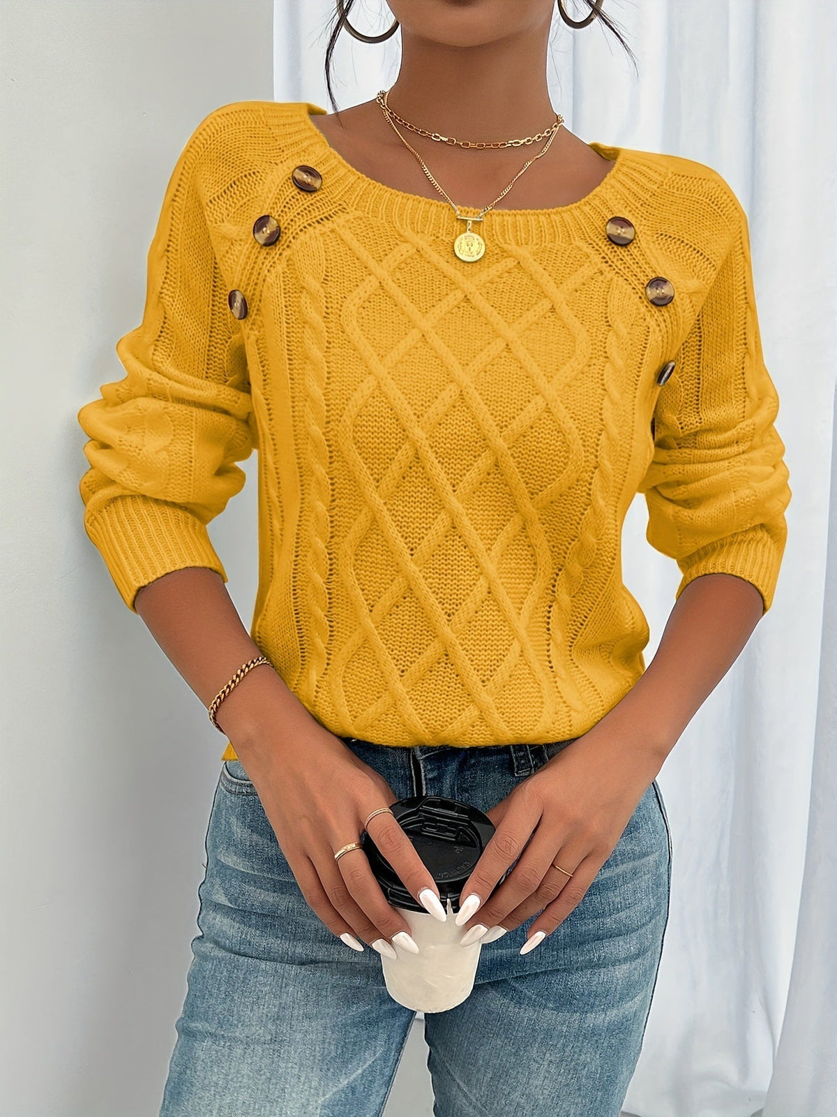 Women's Cable Knit Button Shoulder Crew Neck Jumper