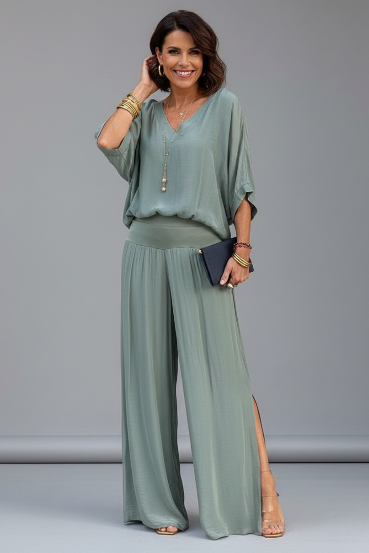 Violetta | V-Neck Wide Leg Two Piece Set