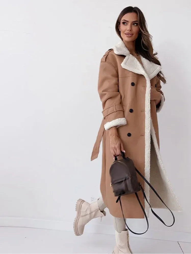 Women's Long Faux Shearling Suede Belted Winter Coat