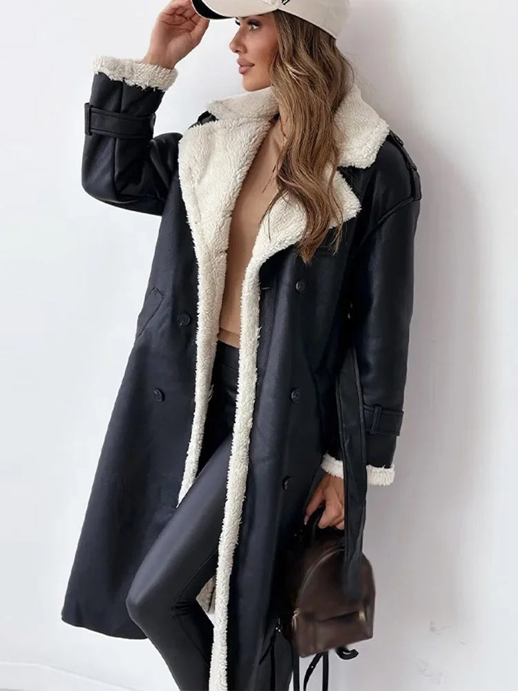 Women's Long Faux Shearling Suede Belted Winter Coat