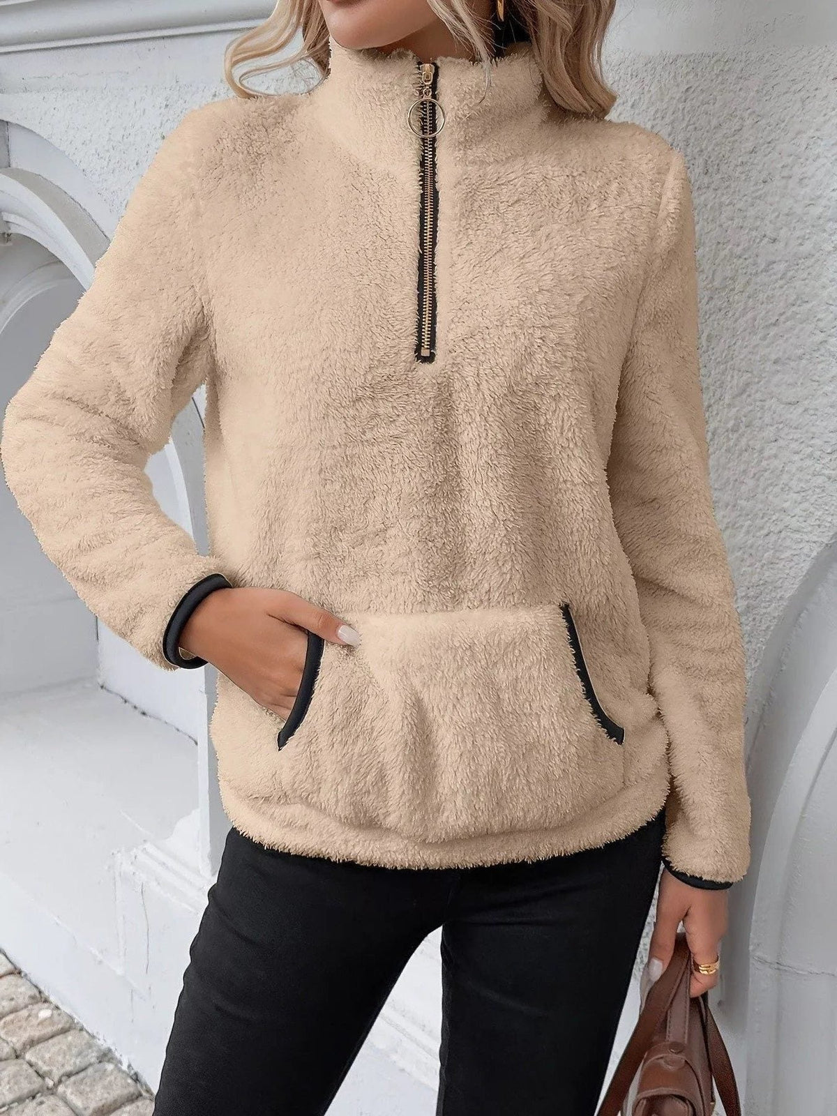Women's Sherpa Fleece Half-Zip Kangaroo Pocket Pullover