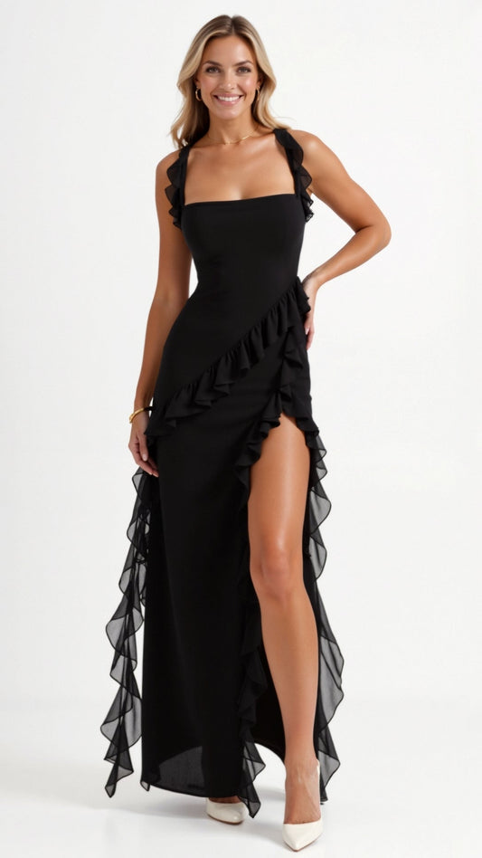 Amara | Women's Ruffle Party Maxi Dress with Front Slit