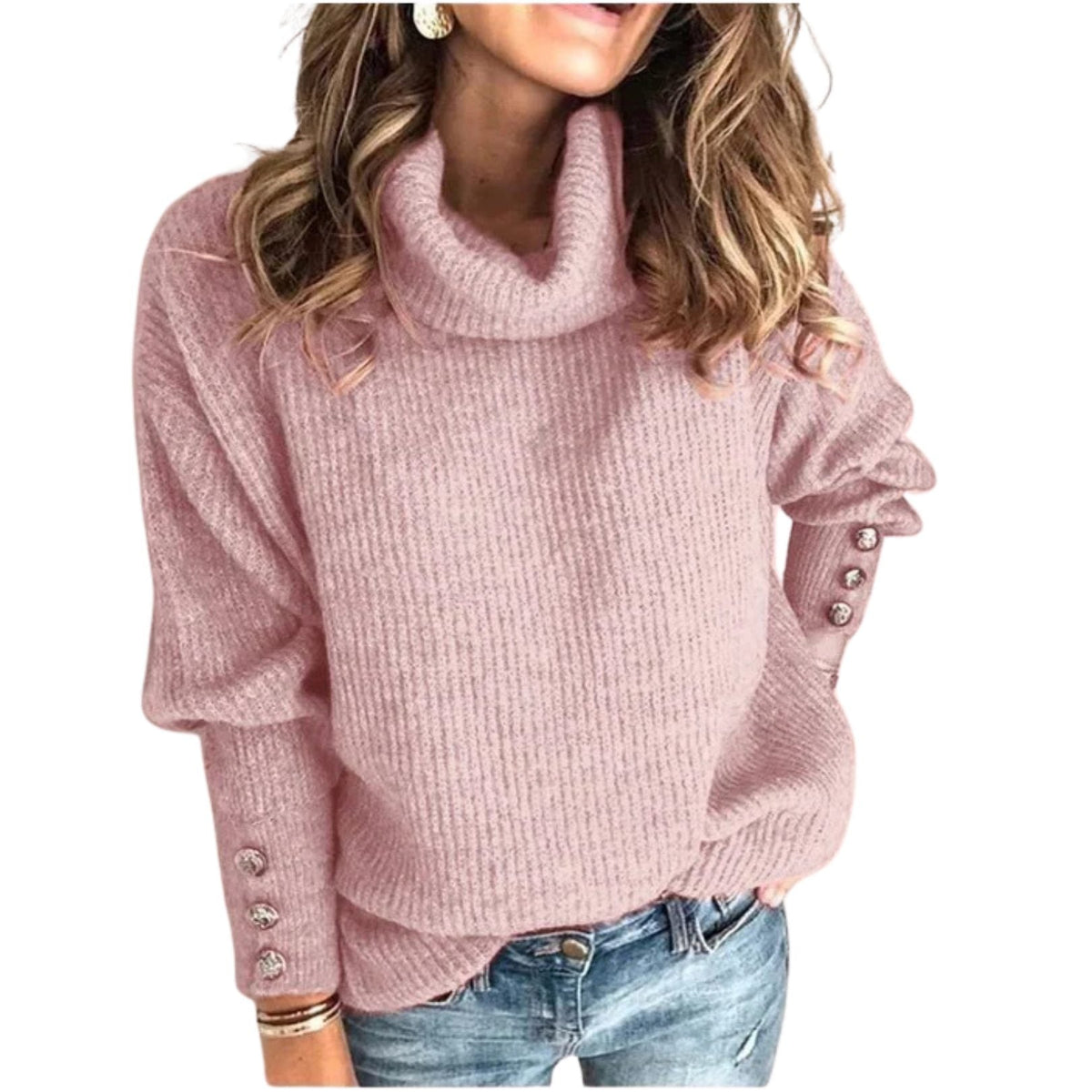 Evadne | Women's Ribbed Cowl-Neck Button-Cuff Jumper