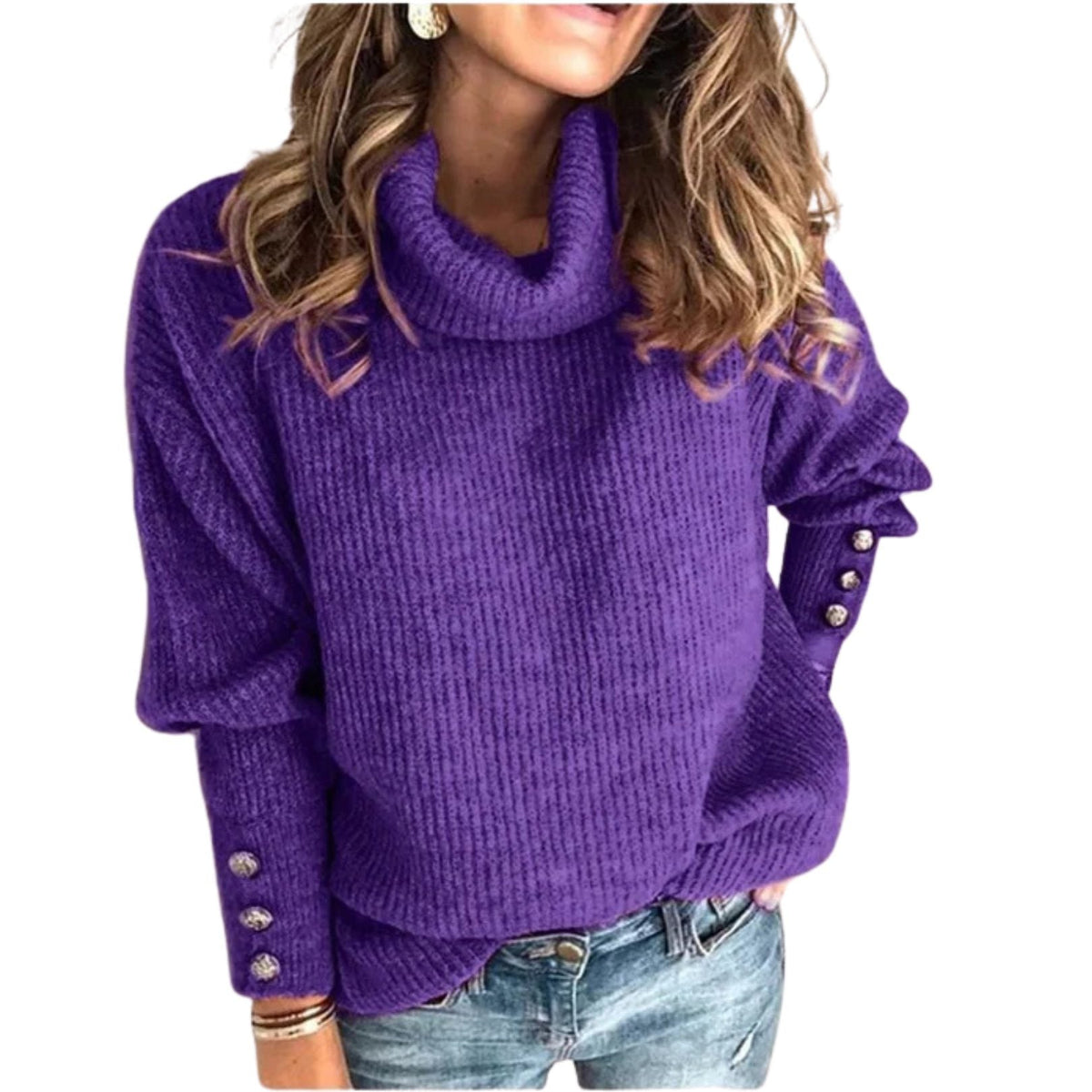 Evadne | Women's Ribbed Cowl-Neck Button-Cuff Jumper