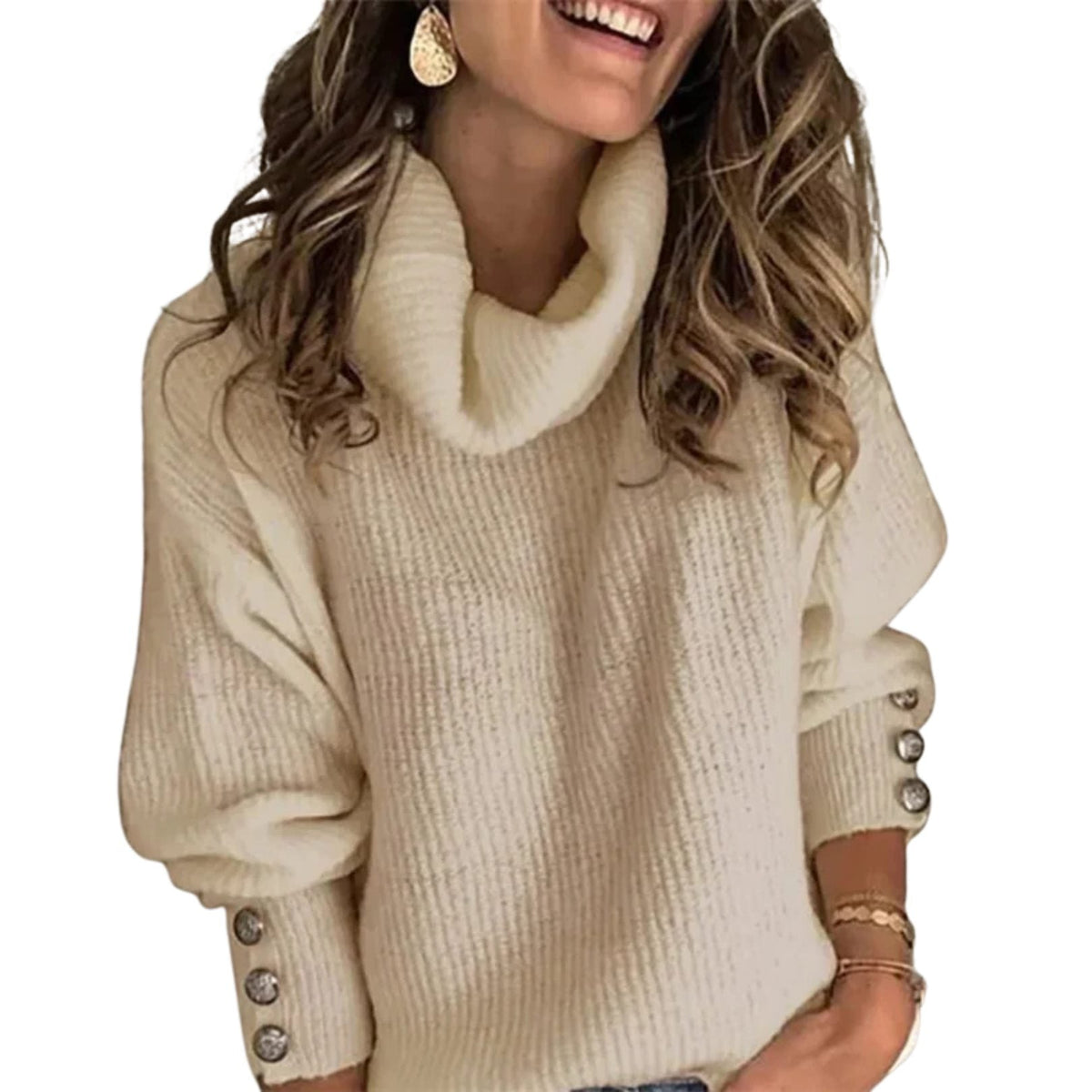 Evadne | Women's Ribbed Cowl-Neck Button-Cuff Jumper