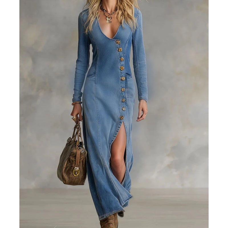 Violette | Button Front Denim Maxi Dress