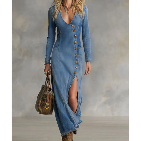 Violette | Button Front Denim Maxi Dress
