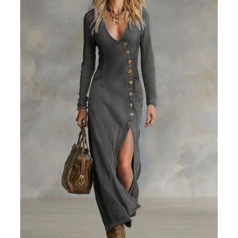 Violette | Button Front Denim Maxi Dress