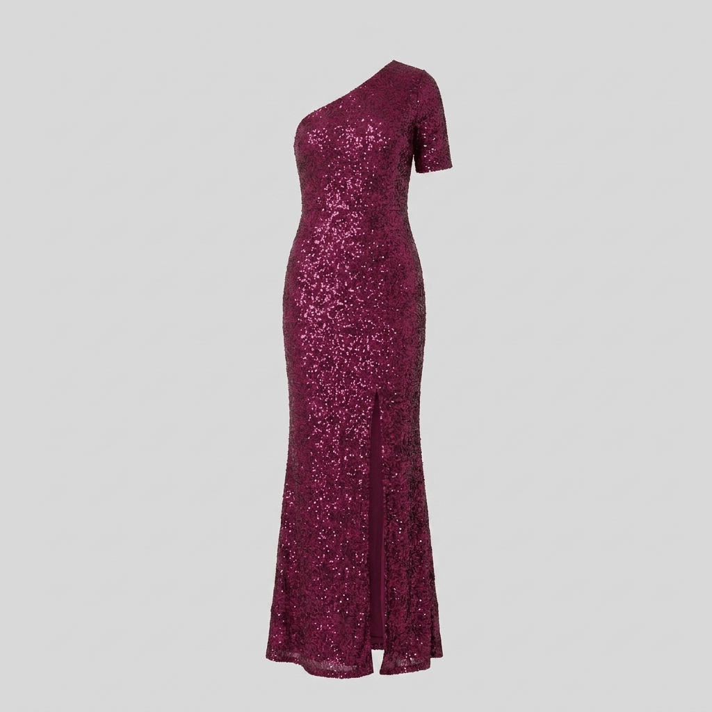 Women's Red Sequin One-Shoulder Christmas Party Maxi Dress