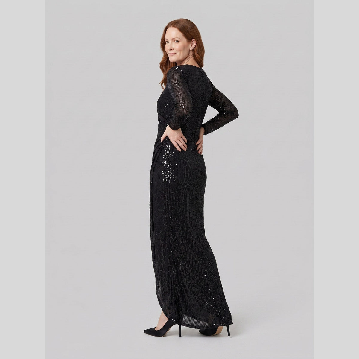 Women's Burgundy Sequin Long-Sleeve Christmas Party Gown