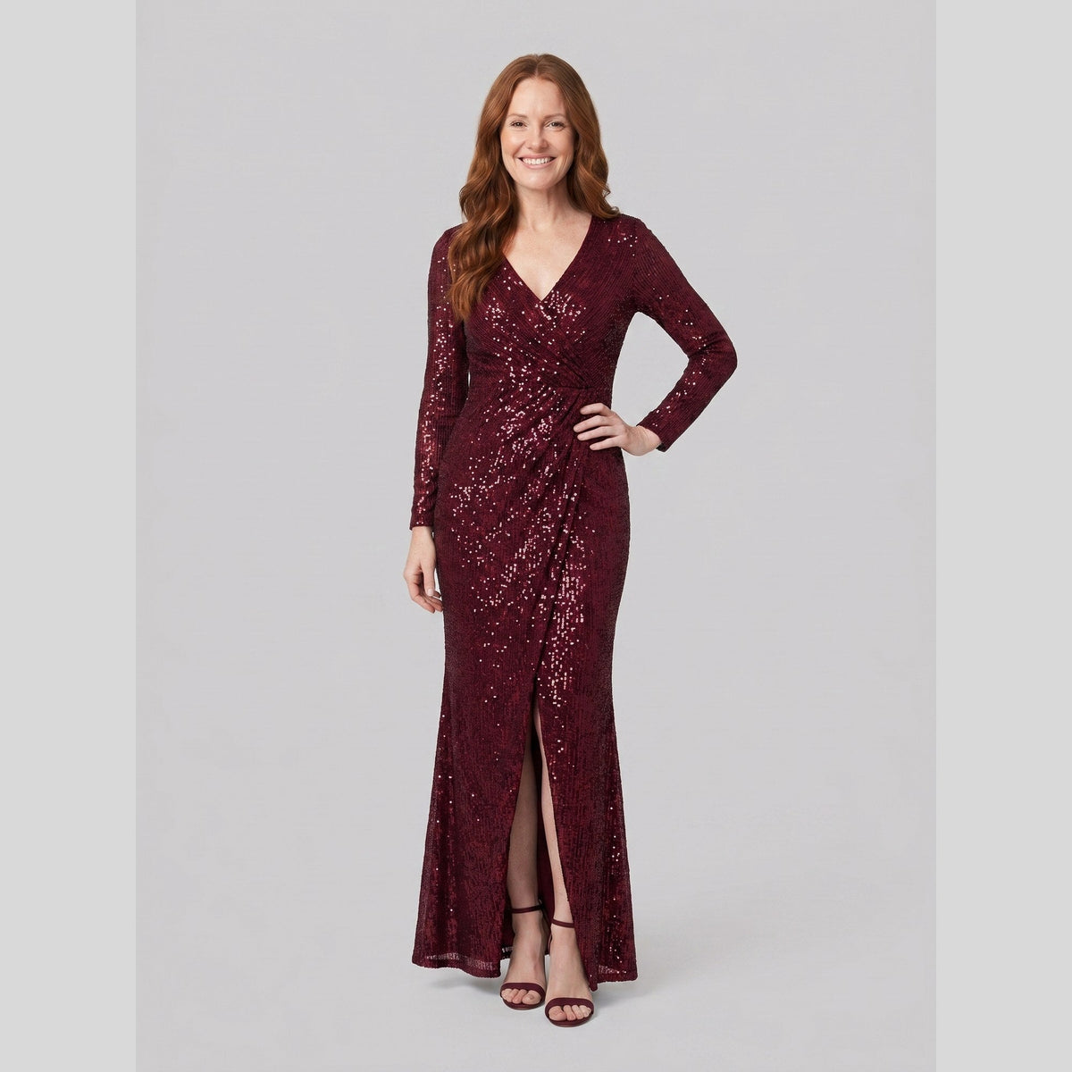Women's Burgundy Sequin Long-Sleeve Christmas Party Gown