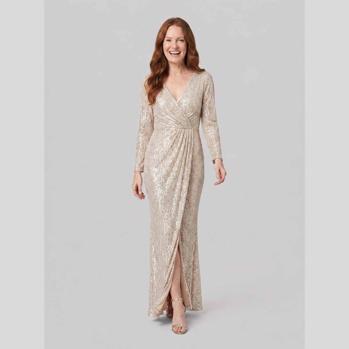 Women's Burgundy Sequin Long-Sleeve Christmas Party Gown